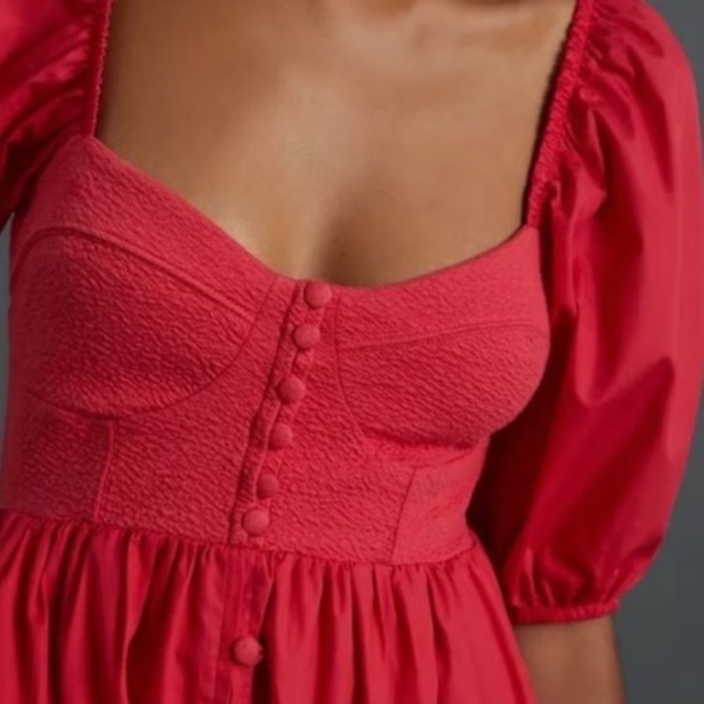 Anthropologie Red Puff-Sleeve Button Front Mini Dress - Picture 2 of 6